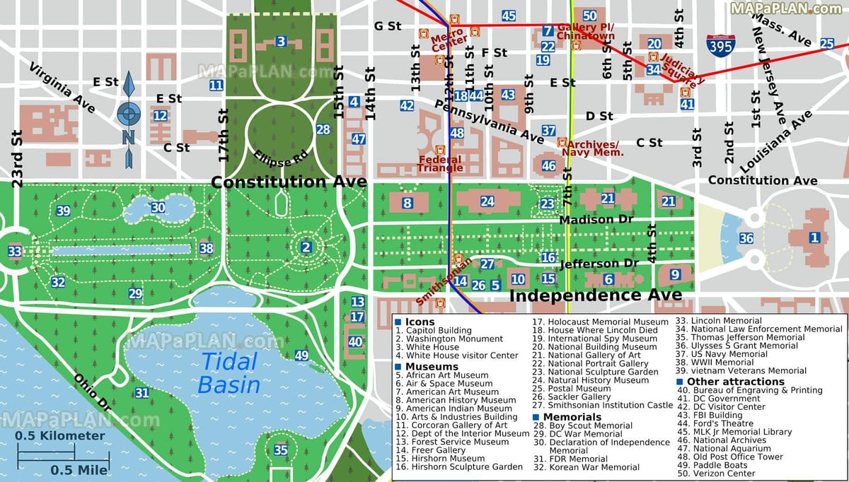 mapa de washington dc principais atrações